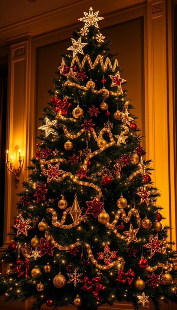 Elegant Christmas tree, expertly lit with warm, golden lights casting a cozy, festive glow. Ornate decorations glimmer and shine, meticulously placed to create a visually stunning, professional-grade display. The tree stands tall and proud, its lush greenery framed by a soft, blurred background, drawing the viewer's eye to the masterful lighting technique. Subtle shadows and highlights accentuate the tree's form, creating a sense of depth and dimension. The overall scene exudes a sense of luxury and sophistication, perfectly capturing the essence of a "Showstopping" Christmas tree.