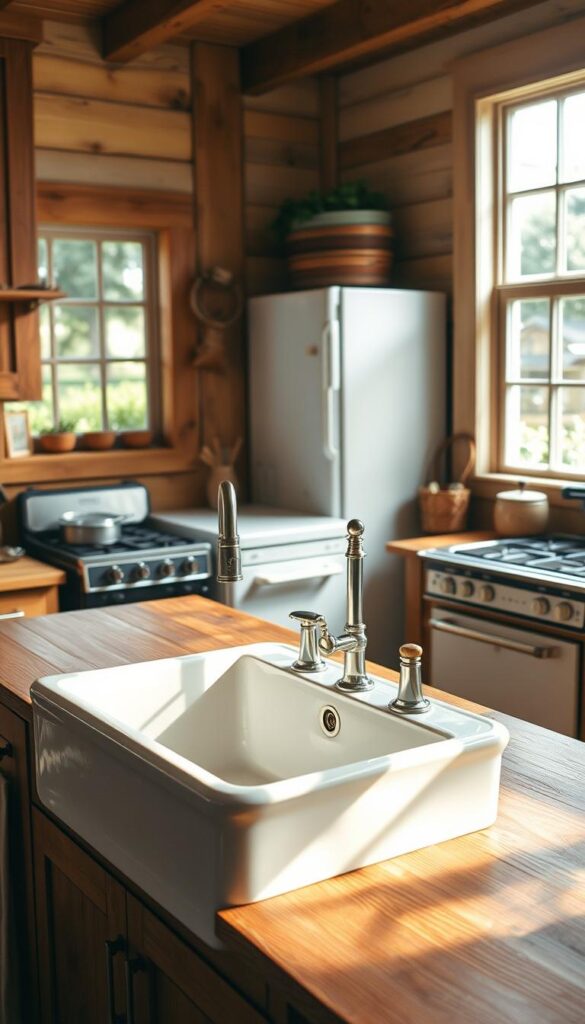 Farmhouse kitchen sink in a cozy cottage setting, surrounded by rustic wooden cabinets, vintage-inspired appliances, and a warm, inviting atmosphere. The sink is a deep, porcelain basin set into a solid wood countertop, with a traditional gooseneck faucet. Nearby, an old-fashioned stove and refrigerator add to the charming, timeless feel of the space. Soft, natural lighting filters in through large windows, casting a gentle glow over the scene. The overall impression is one of comfort, practicality, and a touch of nostalgia, perfectly capturing the essence of a quaint, countryside kitchen.