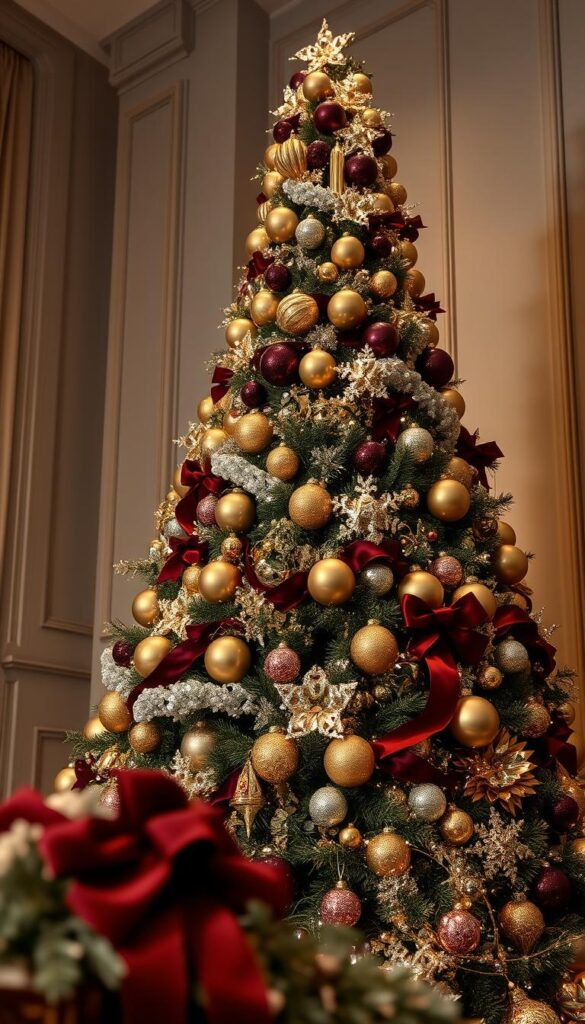 Luxurious Christmas tree showcasing a carefully curated color palette. Soft, ambient lighting illuminates the opulent ornaments and cascading garlands. The tree stands tall, its branches adorned with a harmonious blend of metallic golds, deep burgundies, and shimmering silvers. Elegant glass baubles and delicate crystal accents catch the light, creating a mesmerizing, high-fashion display. In the foreground, plush velvet ribbons and sumptuous textiles complement the tree's luxurious aesthetic. The overall scene exudes a sense of refined sophistication and holiday grandeur.
