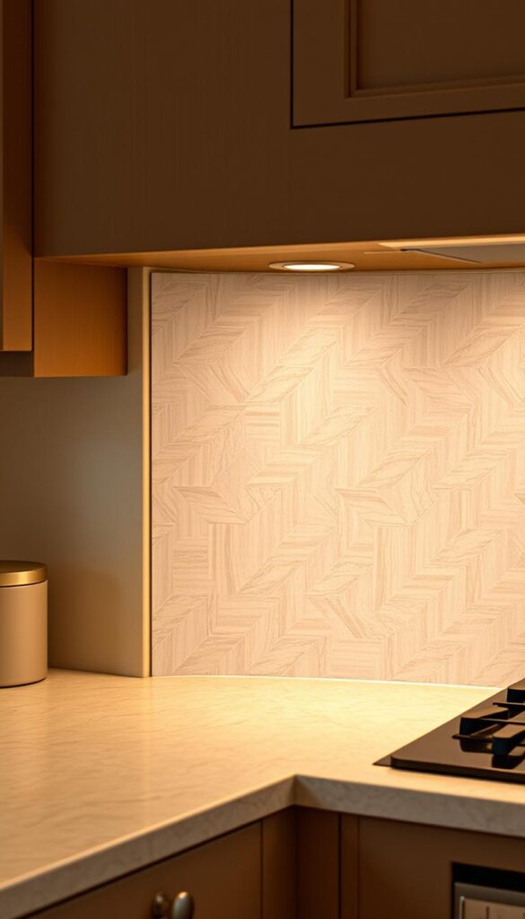 a beige kitchen backsplash, featuring a subtle herringbone pattern with muted gray veining, bathed in warm, diffused lighting that casts a cozy, inviting ambiance. The tiles are arranged in a clean, minimalist design that complements the earthy tones of the cabinetry and countertops, creating a harmonious and sophisticated aesthetic. The backsplash extends from the countertop to the upper cabinets, seamlessly integrating with the overall kitchen layout. The scene is captured from a slightly elevated angle, showcasing the intricate tile work and the well-balanced composition of the space.