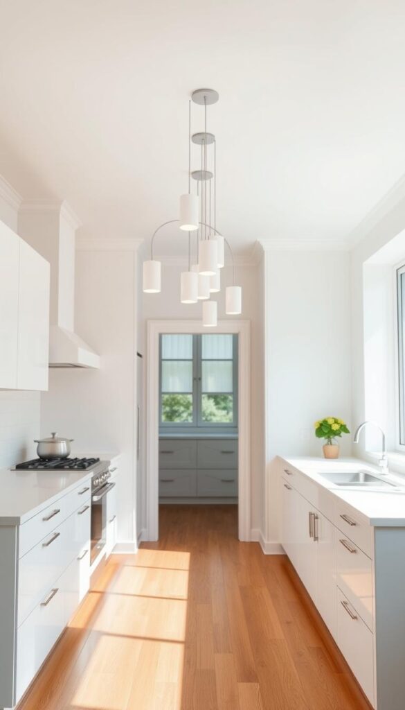 a bright, airy white kitchen with a minimalist, contemporary design. the kitchen features sleek, white cabinets and countertops, accented by warm wooden floors. in the center of the room, a stylish arrangement of pendant lights hangs from the ceiling, casting a soft, even glow throughout the space. the pendant lights have a modern, cylindrical shape with a glossy, white finish that complements the kitchen's overall aesthetic. the lighting creates a welcoming, inviting atmosphere, perfectly suited for this white kitchen design. the scene is captured from a slightly elevated angle, highlighting the clean lines and thoughtful layout of the kitchen.