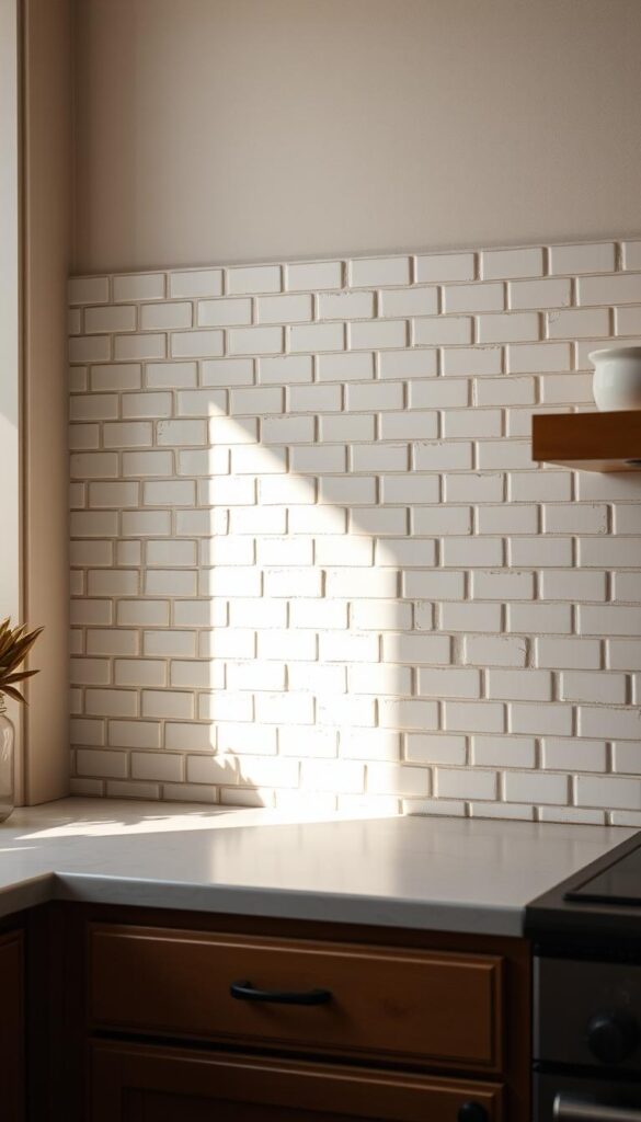 a classic vintage kitchen backsplash in a warm, cozy room. the backsplash is composed of small subway tiles in a soft off-white color, arranged in a traditional brick pattern. the tiles have a slightly worn and distressed appearance, adding to the timeless character of the design. the lighting is soft and natural, casting gentle shadows across the textured tile surface. the camera angle is slightly elevated, providing a clear view of the backsplash and its elegant, understated elegance. the overall mood is one of sophistication and charm, capturing the essence of a well-designed vintage kitchen space.