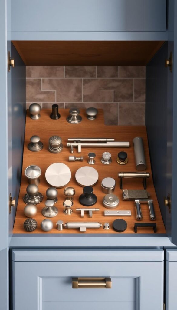 a close-up shot of an open kitchen cabinet, showcasing an assortment of hardware options including various knobs, pulls, and hinges in a range of finishes such as brushed nickel, oil-rubbed bronze, and polished chrome. The hardware is arranged neatly on a wooden surface, with a neutral-colored kitchen backsplash visible in the background. The lighting is soft and even, highlighting the textures and details of the hardware pieces. The overall mood is one of thoughtful curation, conveying a sense of sophistication and style befitting a blue-hued, yet elegant kitchen design.