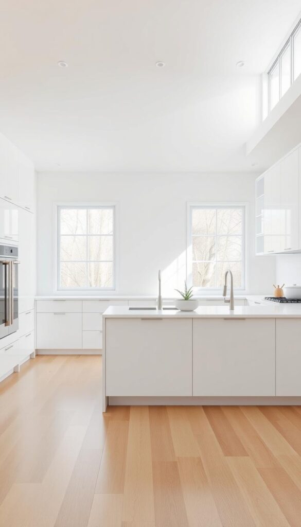 a highly detailed, photorealistic image of a modern minimalist white kitchen design, with clean lines, sleek cabinetry, and a bright, airy atmosphere. The kitchen features a large central island with a white quartz countertop, surrounded by minimalist white cabinets with recessed handles. The backsplash is a simple white tile, complementing the overall minimalist aesthetic. Large windows flood the space with natural light, casting a soft, even illumination across the room. The floor is a light-colored hardwood, adding warmth to the otherwise cool-toned palette. The scene conveys a sense of serenity and simplicity, perfectly capturing the essence of a modern minimalist white kitchen design.