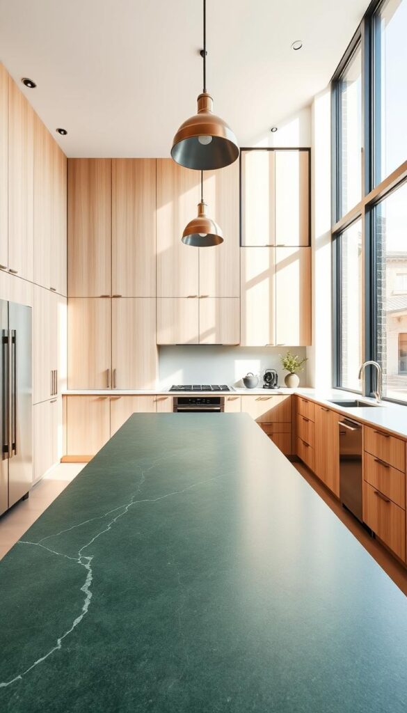a modern kitchen interior with a large green stone countertop as the central focus. the countertop has a smooth, polished surface with natural variations in the stone's color and texture. the kitchen cabinets are a light, minimalist wood, creating a clean and sophisticated contrast with the bold green countertop. the space is flooded with natural light from large windows, casting a warm glow on the kitchen. subtle industrial-style accents like metallic pendant lights and a stainless steel appliance give the space a refined, contemporary feel. the overall atmosphere is one of elegance and tranquility, highlighting the beauty of the green stone countertop as the star of the kitchen design.