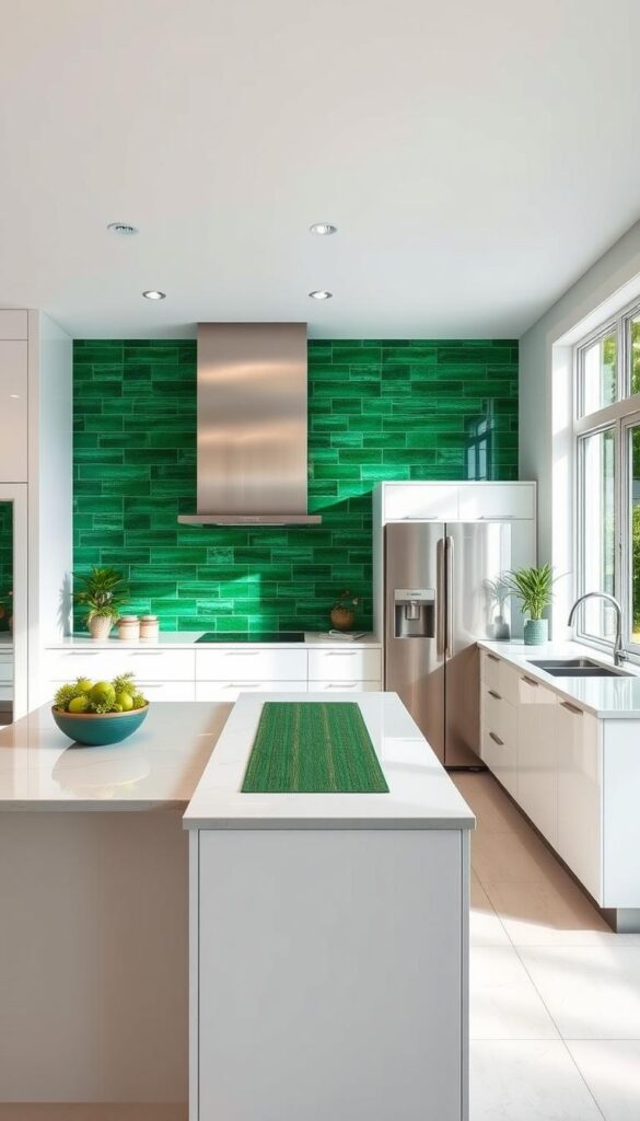 a modern kitchen interior with an emerald green glass tile backsplash that extends from the countertop to the ceiling, creating a bold and striking focal point. The kitchen features sleek white cabinets, stainless steel appliances, and a large window that floods the space with natural light. The emerald backsplash is complemented by subtle touches of forest green, such as potted plants and a runner on the kitchen island. The overall mood is one of luxury, elegance, and a harmonious blend of nature-inspired colors. The scene is captured with a wide-angle lens, showcasing the seamless integration of the backsplash within the kitchen design.