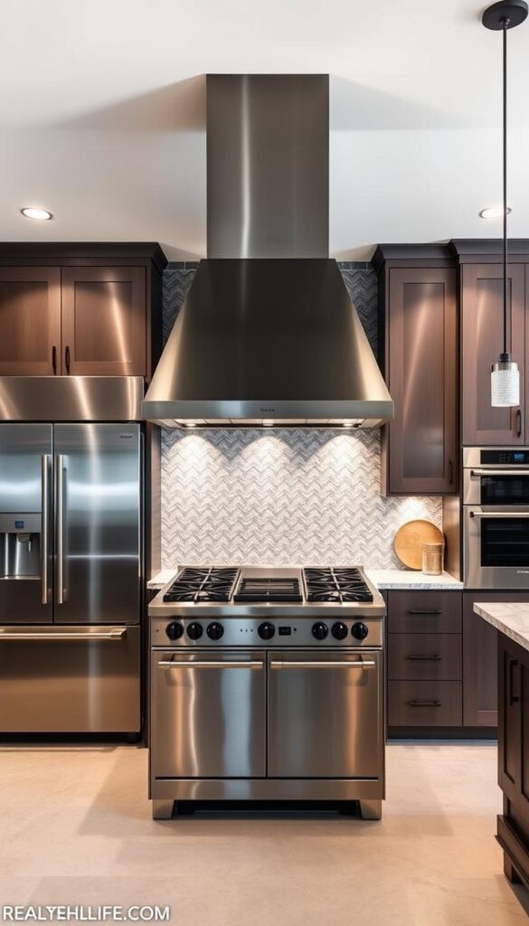 a professional-grade luxury kitchen with high-end stainless steel appliances, including a large double-door refrigerator, a six-burner gas range with a stainless steel range hood, and a built-in wall oven, all set against a backdrop of sleek, contemporary cabinetry with matte black hardware, a large central island with a marble countertop, and pendant lighting that casts a warm, inviting glow over the scene, creating an atmosphere of refined sophistication and culinary excellence