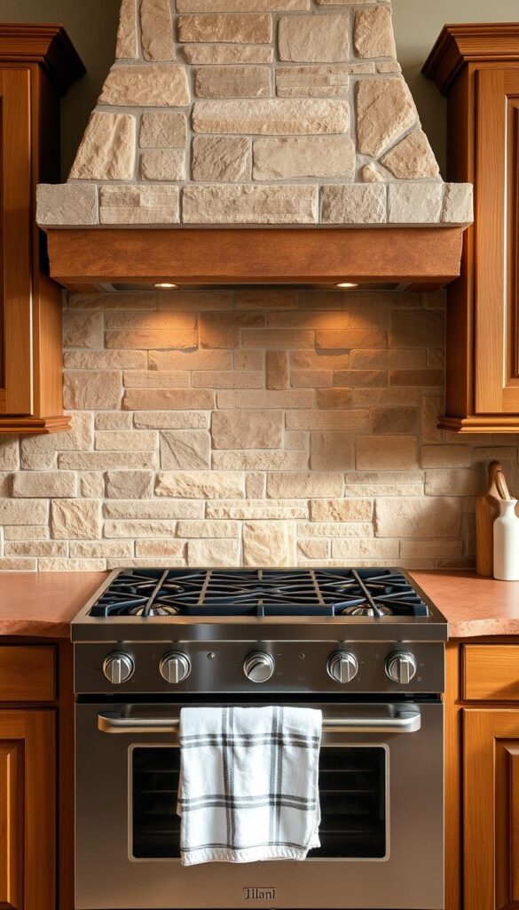 a rustic, elegant kitchen backsplash made of natural stone with a unique, textured surface. the backsplash spans the entire wall behind the stove, creating a focal point in the space. the stone features a mix of earthy tones, including warm browns, grays, and subtle veining. the surface has a slightly uneven, handcrafted appearance, giving it an authentic, timeless quality. the lighting is soft and natural, accentuating the depth and character of the stone. the backsplash is complemented by wooden cabinets and countertops, creating a harmonious, cozy atmosphere that evokes the feeling of a rustic, countryside kitchen.