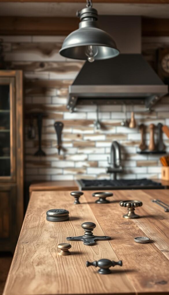 a rustic kitchen interior with vintage-inspired hardware and metal accents. in the foreground, a wooden kitchen island or countertop with an assortment of aged metal cabinet pulls, knobs, and hinges in a variety of finishes - antique brass, oxidized steel, and hammered iron. on the wall behind, a backsplash of distressed subway tiles or reclaimed wood panels. hanging above, a vintage-style metal light fixture with an industrial design. the overall mood is one of warm, lived-in charm, with a focus on natural textures and time-worn details that evoke the character of an older, well-loved kitchen space. lighting is soft and natural, creating a cozy, inviting atmosphere. the composition emphasizes the interplay of the rustic metal hardware against the aged, weathered surfaces.