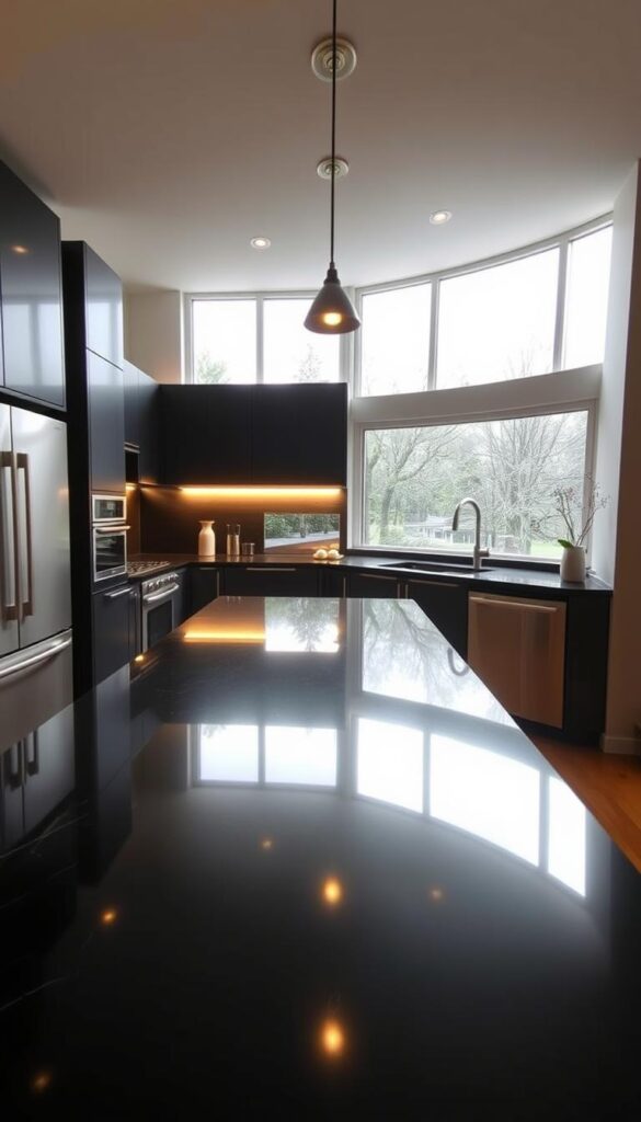 a sleek, modern kitchen with black quartz countertops that create a dramatic focal point. The countertops have a smooth, glossy finish that reflects the warm lighting overhead, casting a cozy glow throughout the space. The kitchen features clean lines, minimal cabinetry, and stainless steel appliances that complement the dark countertops. Large windows allow natural light to flood the room, creating a balanced and airy atmosphere. The overall design is elegant and sophisticated, with the black countertops commanding attention and setting the tone for a stylish and refined kitchen.
