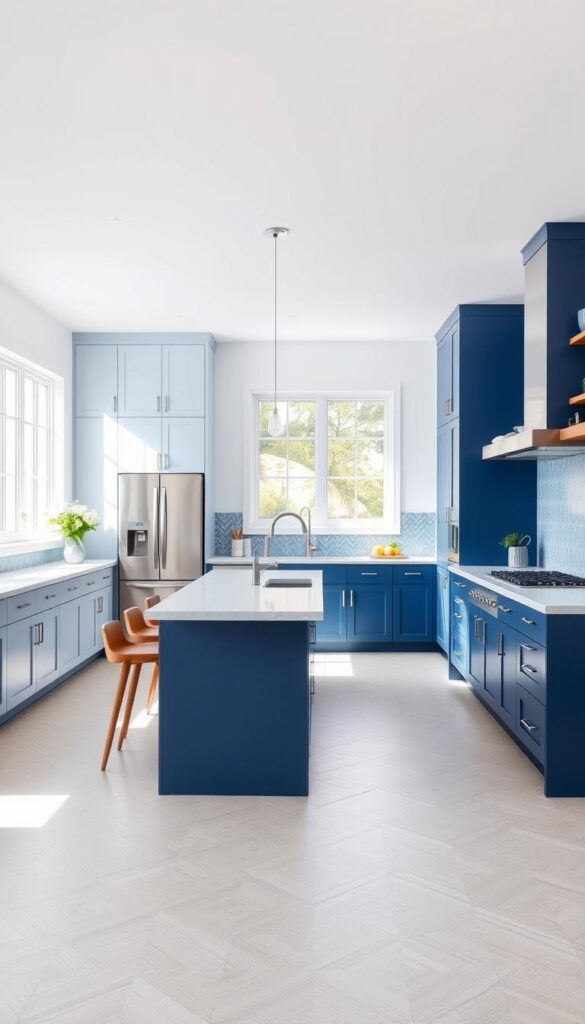 a spacious, modern two-tone blue kitchen design with a bright, airy atmosphere. the kitchen features a crisp, light blue cabinetry along the walls, complemented by a deeper navy blue island with a sleek, waterfall-style countertop. the backsplash is a herringbone pattern in shades of blue, creating a sophisticated visual texture. the room is flooded with natural light from large windows, casting a soft, even glow throughout the space. stainless steel appliances and hardware add a touch of contemporary elegance, while wooden accents, such as bar stools and open shelving, bring in a warm, rustic element. the layout is open and inviting, with ample counter space and a central island perfect for meal prep and casual dining.