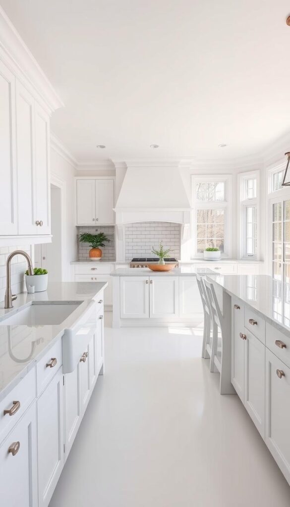 a timeless, classic white kitchen interior, with clean lines, bright and airy atmosphere. Foreground features pristine white cabinetry with minimalist hardware, marble countertops, and a large farmhouse-style sink. Middle ground showcases an expansive kitchen island with elegant barstools, and a backsplash of white subway tiles. The background highlights large windows flooding the space with natural light, casting a warm glow throughout. The scene exudes a sense of timeless elegance and understated sophistication, demonstrating why white kitchens never go out of style.