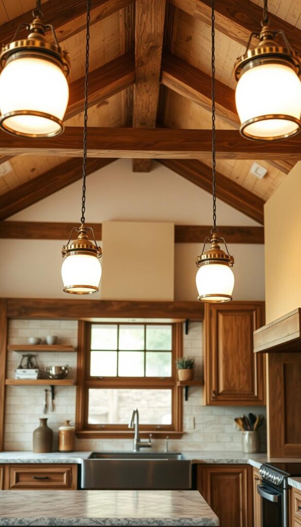 a well-lit vintage kitchen with classic pendant lighting fixtures hanging from a high ceiling, warm wood tones and exposed beams create a cozy, timeless atmosphere. The pendant lights have milk glass shades and metal frames in a brushed bronze or antique brass finish, casting a soft, ambient glow throughout the space. The kitchen countertops are a mottled, veined natural stone, complemented by subway tile backsplash in an off-white or pale gray. Wooden cabinetry and a farmhouse-style sink add to the rustic, old-world charm. The scene is shot at a low angle to emphasize the height of the ceiling and the presence of the statement lighting fixtures.