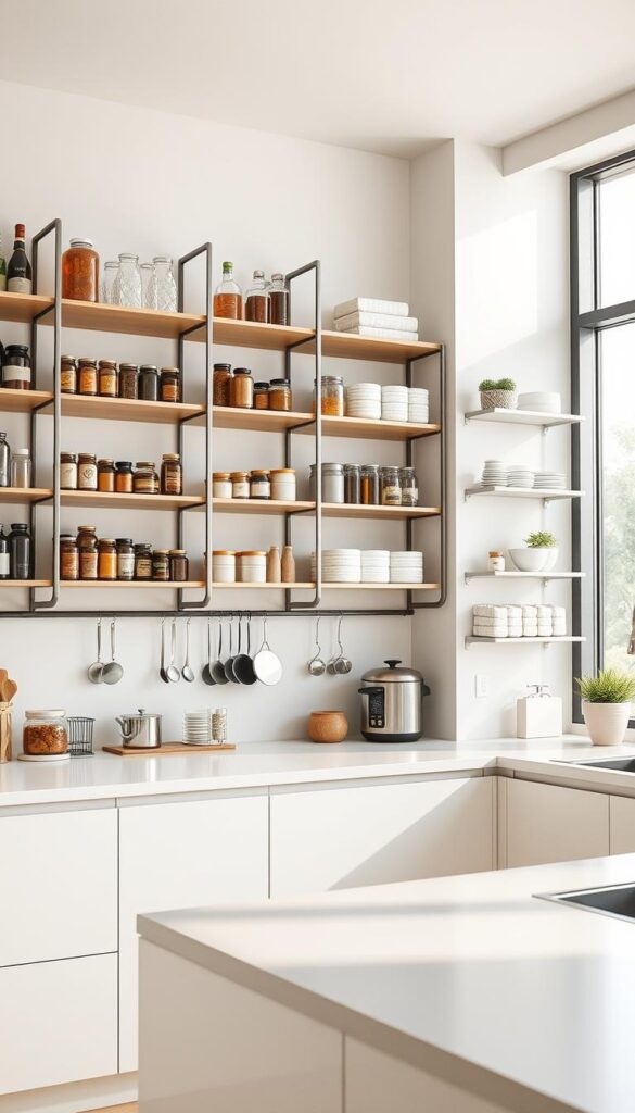 a well-organized, tidy kitchen with sleek, minimalist vertical storage solutions. the foreground features a variety of shelves, racks, and cabinets mounted on the walls, holding a range of kitchen essentials like jars, bottles, and small appliances. the middle ground shows a clean, uncluttered countertop with a few decorative elements. the background has a simple, neutral color palette, with plenty of natural light filtering in through large windows, creating a bright, airy atmosphere. the overall mood is one of efficiency, organization, and modern design. captured with a wide-angle lens to showcase the vertical storage in a visually compelling way. a well-organized, tidy kitchen with sleek, minimalist vertical storage solutions. the foreground features a variety of shelves, racks, and cabinets mounted on the walls, holding a range of kitchen essentials like jars, bottles, and small appliances. the middle ground shows a clean, uncluttered countertop with a few decorative elements. the background has a simple, neutral color palette, with plenty of natural light filtering in through large windows, creating a bright, airy atmosphere. the overall mood is one of efficiency, organization, and modern design. captured with a wide-angle lens to showcase the vertical storage in a visually compelling way.