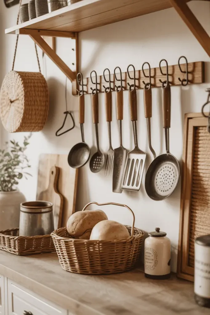 Antique kitchen tools displayed on wall hooks