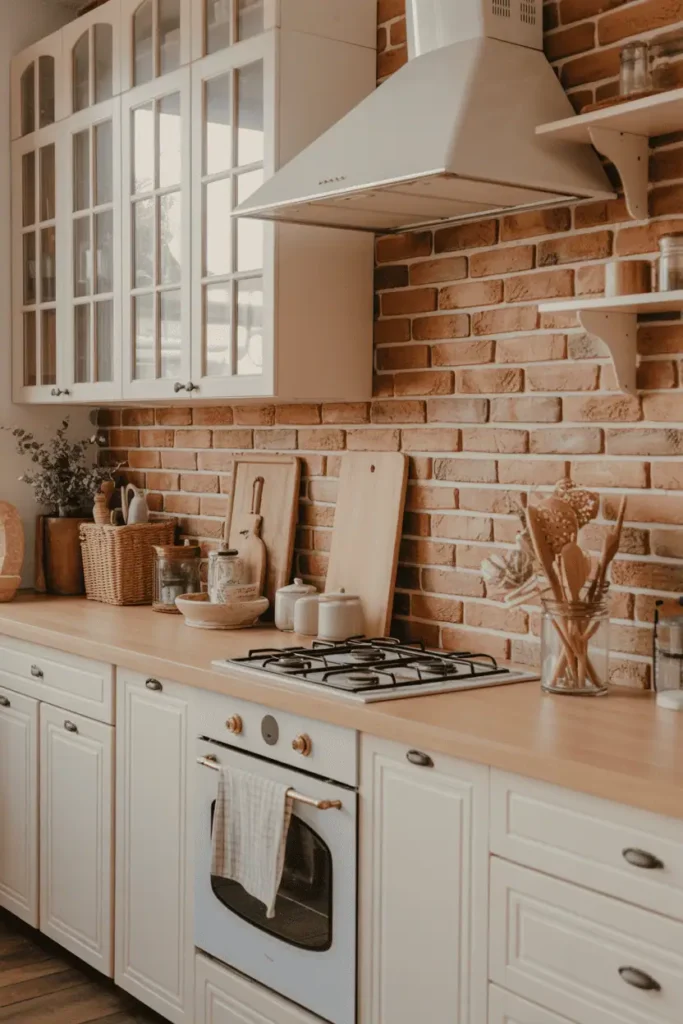 Exposed brick backsplash with white cabinets