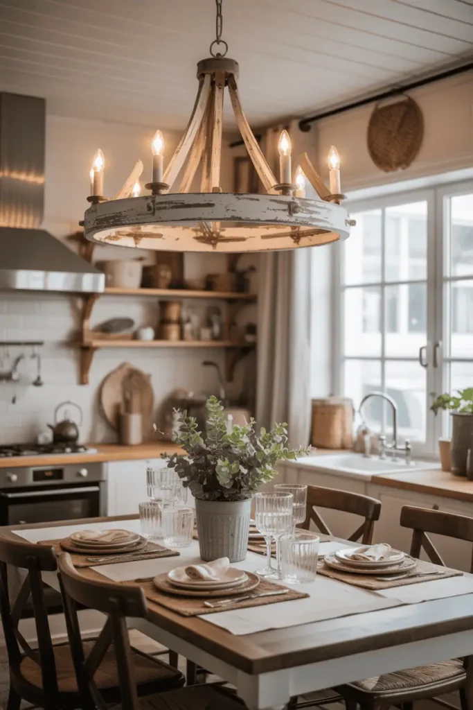 Rustic chandelier in distressed wood over dining table