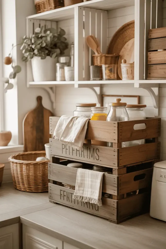 Vintage crate storage with linens and pantry items