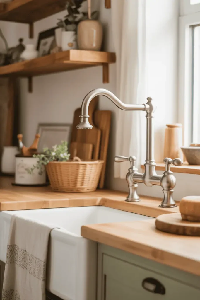 Bridge-style faucet in brushed nickel finish