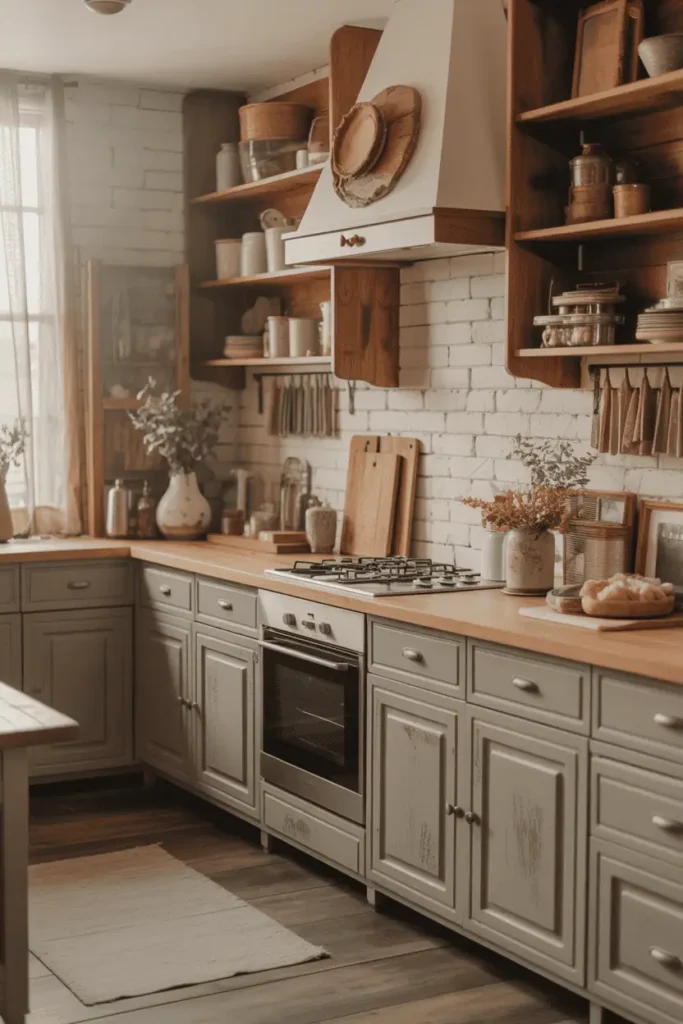 Distressed wood cabinets with vintage charm