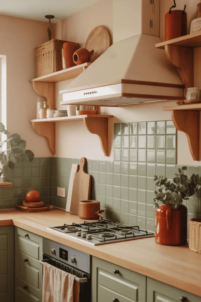 Sage green backsplash and barn red accessories