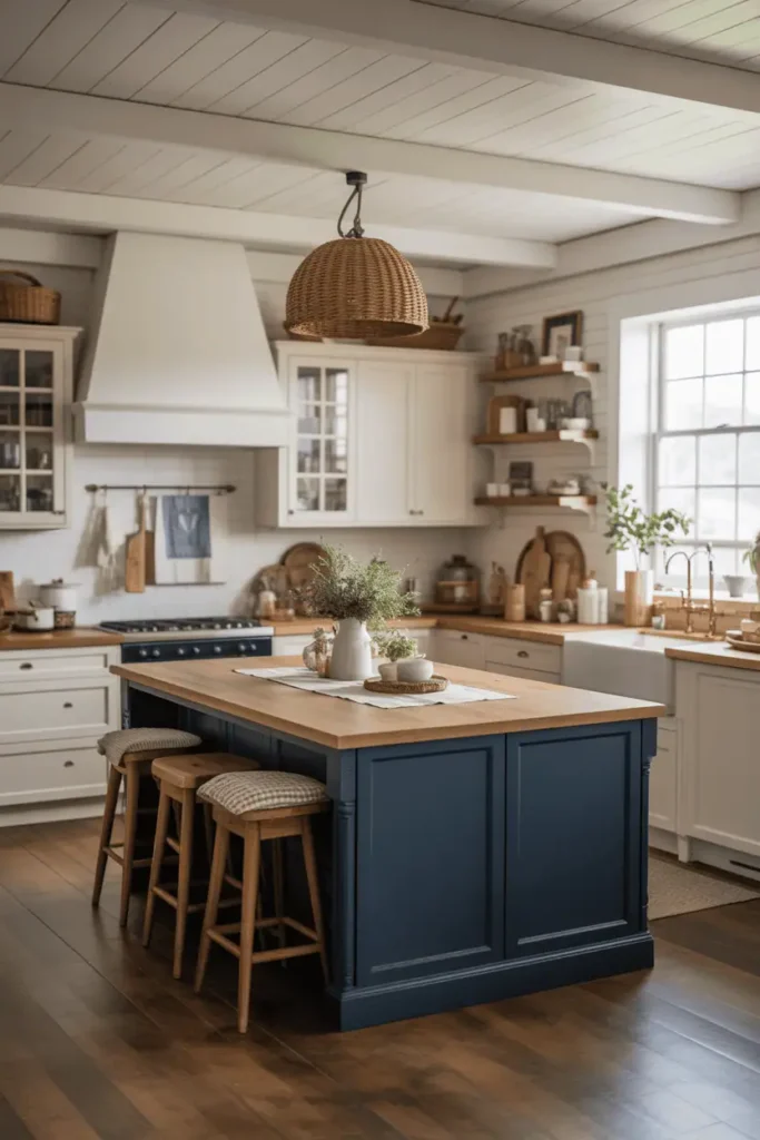 Kitchen with bold navy island and white cabinetry
