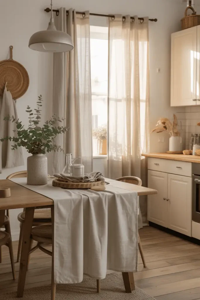 Linen curtains and cotton table runner in a neutral kitchen