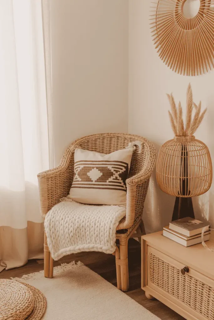 Cozy boho reading nook with rattan chair, chunky knit throw, and kilim pillow.