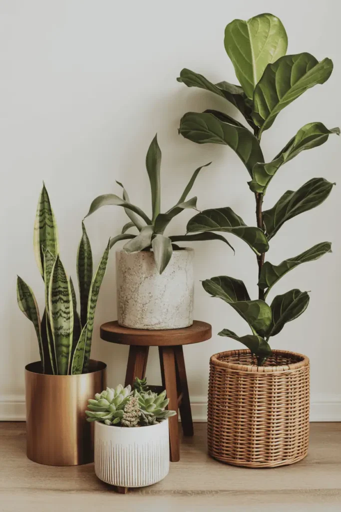Houseplants in brass, ceramic, and wicker vintage planters in a living room.