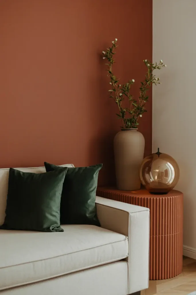 Matte and glossy finishes with terracotta and emerald accents creating textural contrast in a living room.