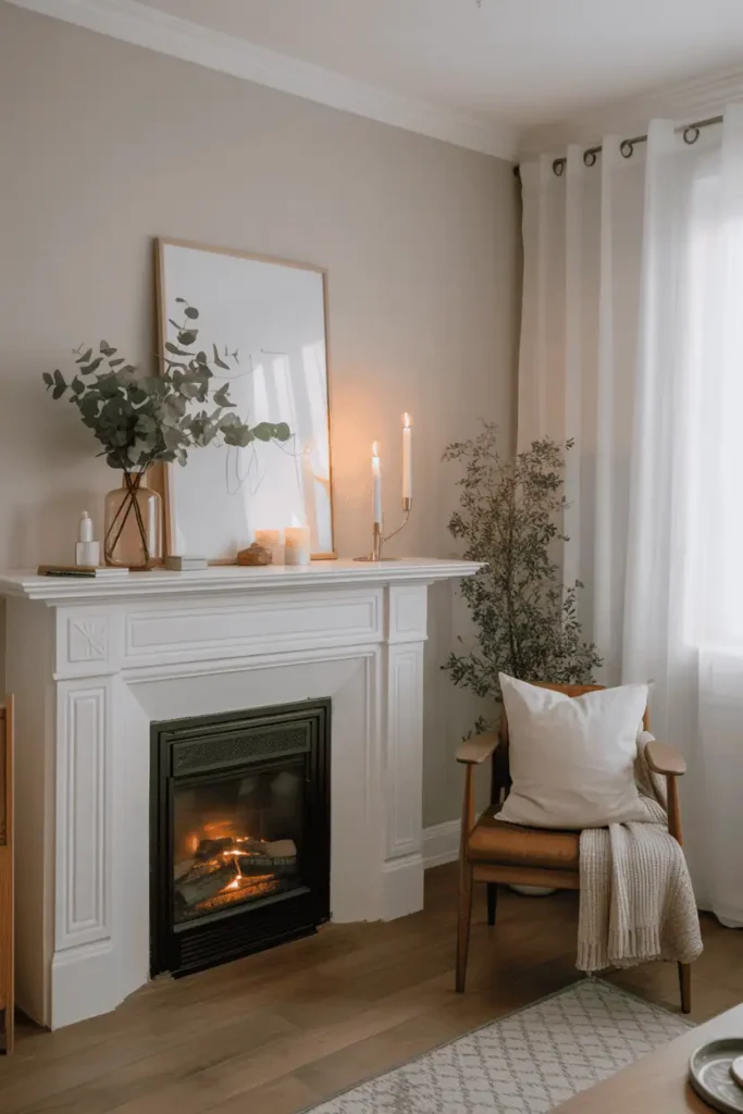 Nordic living room focal point with styled fireplace mantel and cozy hygge reading nook for intentional design.
