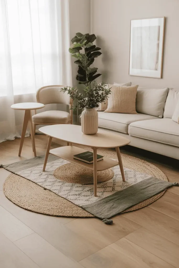 Scandinavian living room with blonde wood flooring and layered rugs to ground the space with warmth and style.