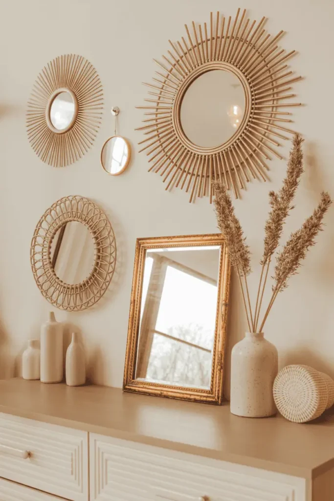 Boho living room wall with eclectic mirrors — sunburst, rattan, and antique gold.