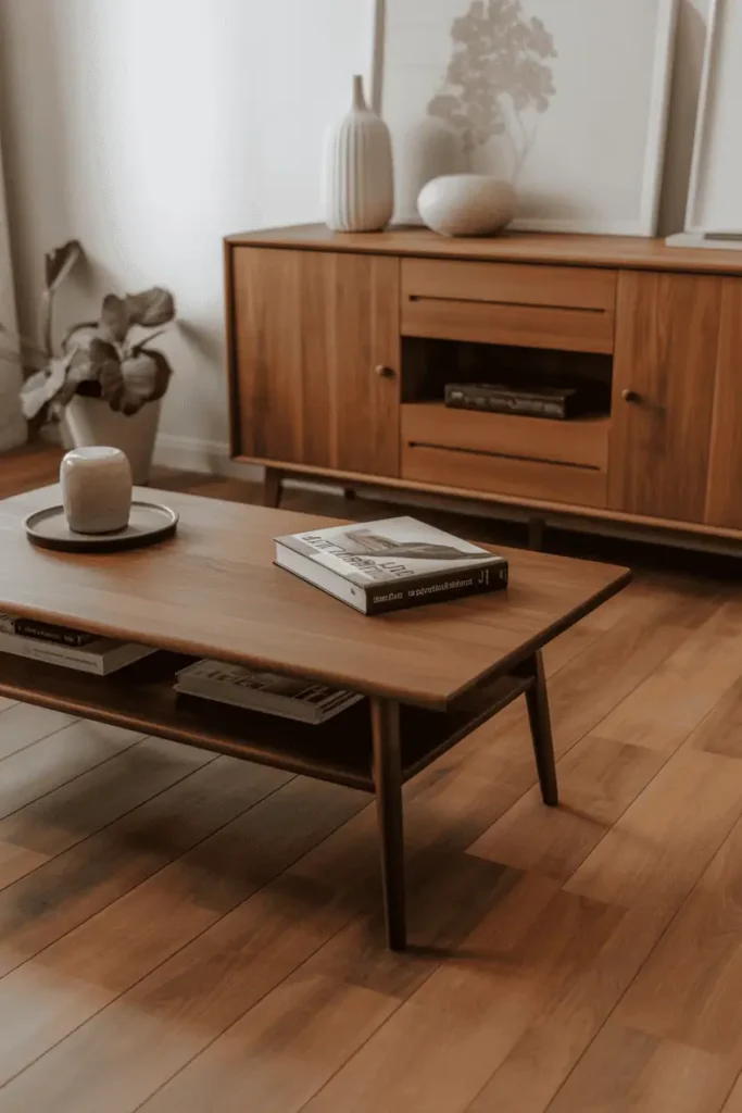 Mixed wood finishes including walnut, oak, and pine in a textured living room.