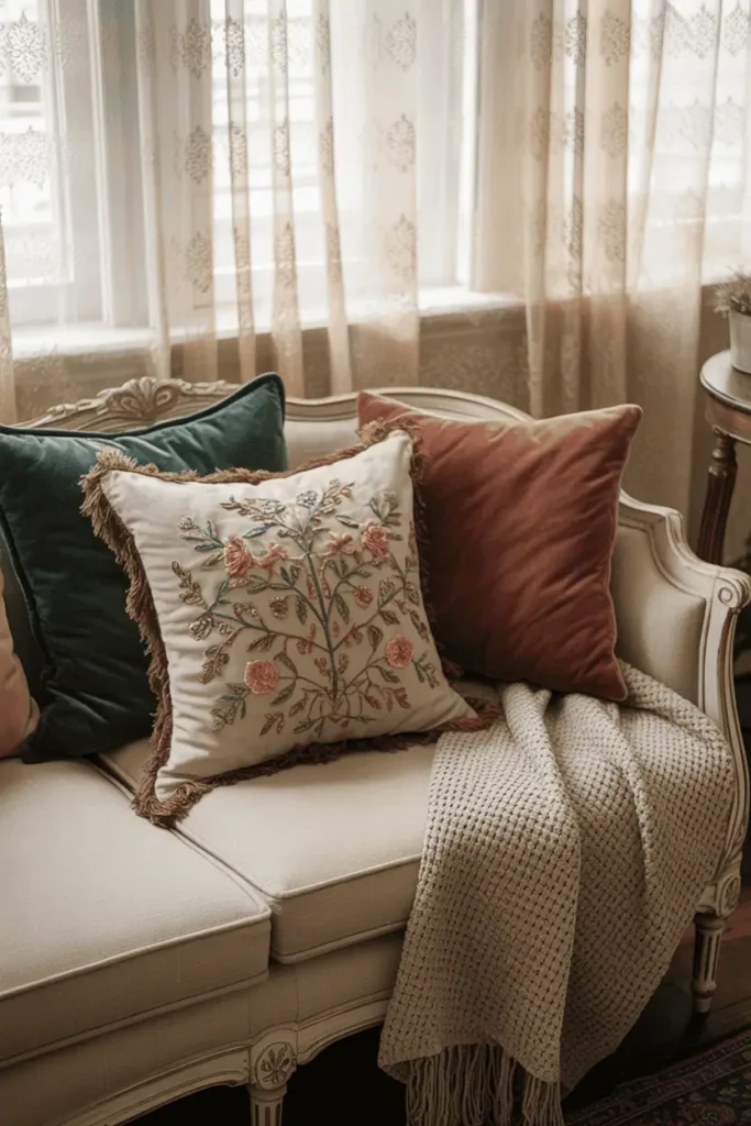 Vintage sofa with embroidered pillows, velvet cushions, and lace curtains.