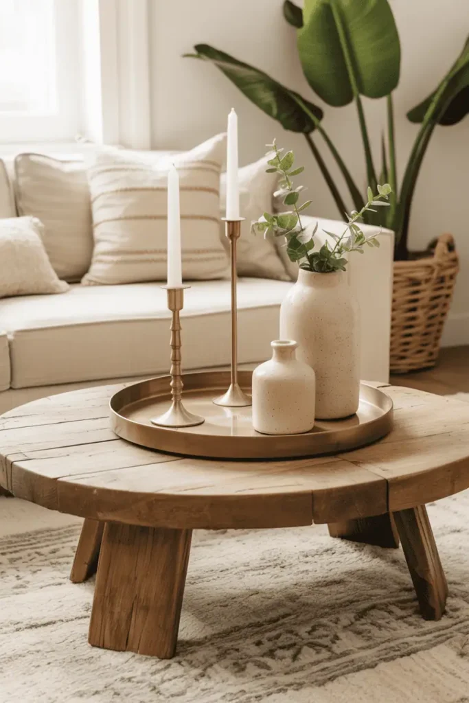 Boho coffee table with brass candlesticks, copper tray, and ceramic vases.