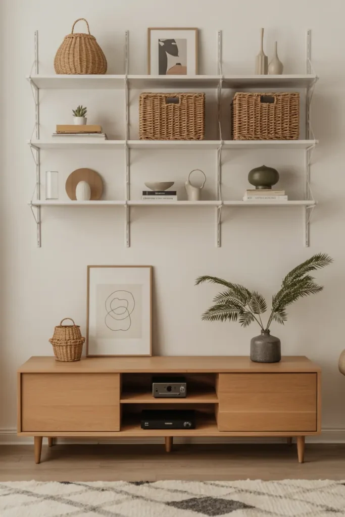 Scandinavian storage solutions with floating shelves, woven baskets, and oak console for minimalist organization.