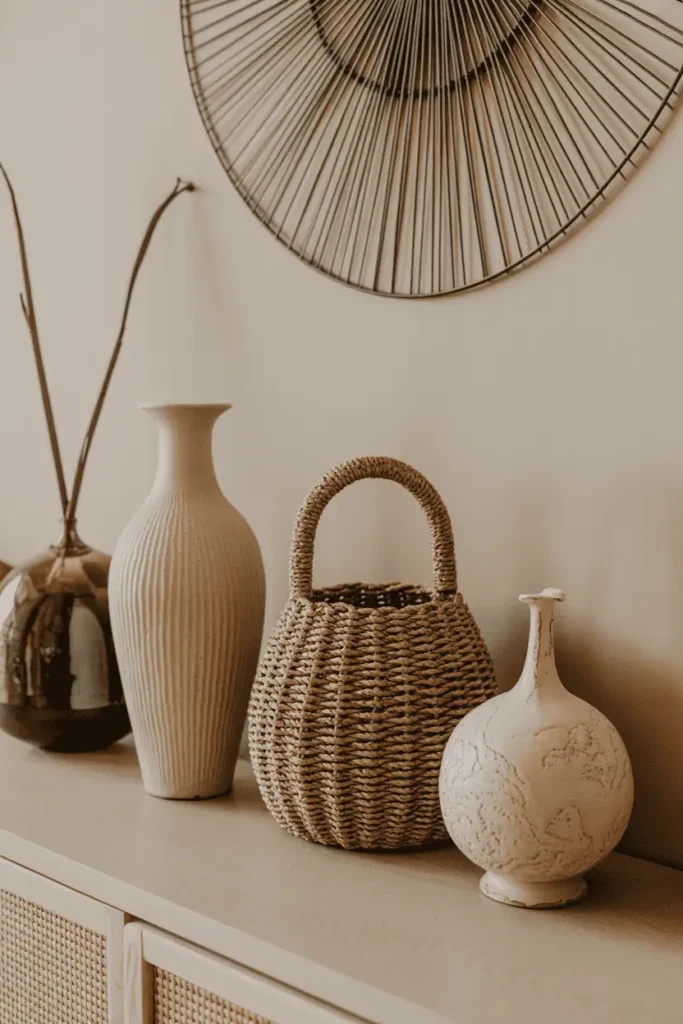 Ceramic vases and woven basket styled as textured accessories in a living room.