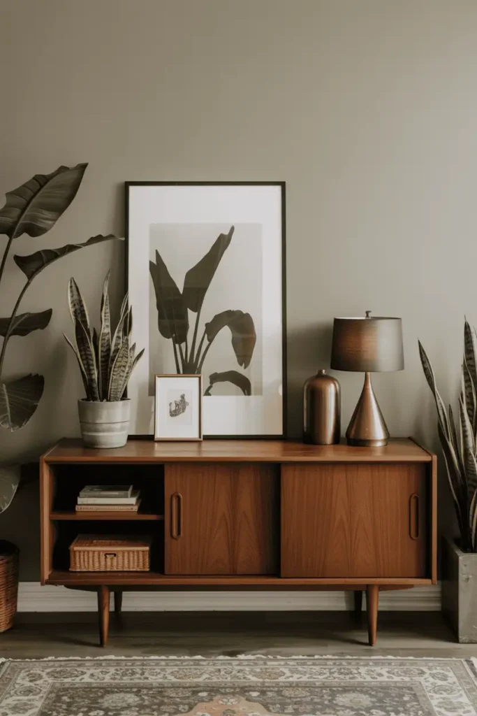 Mid-century vintage credenza with plants and art in a retro living room.