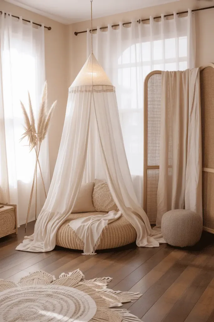 Boho living room with sheer curtains, canopy, and flowing fabrics