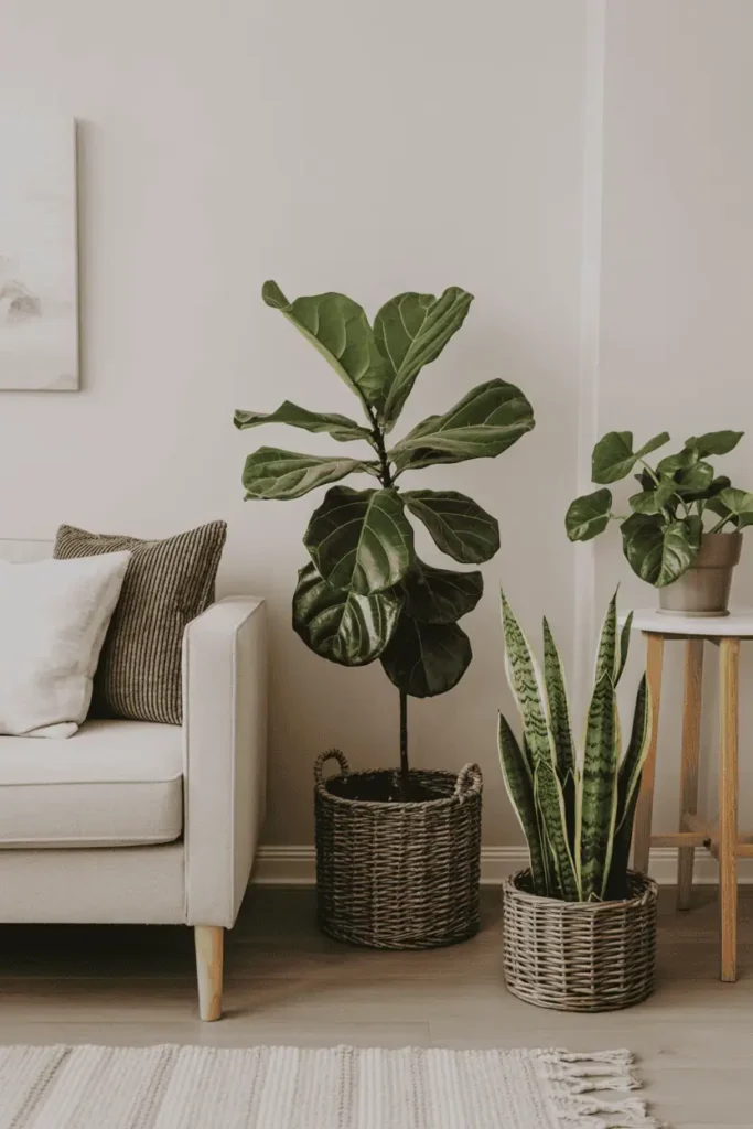 Scandinavian living room with greenery including fiddle leaf fig and woven planters for a natural Nordic aesthetic.