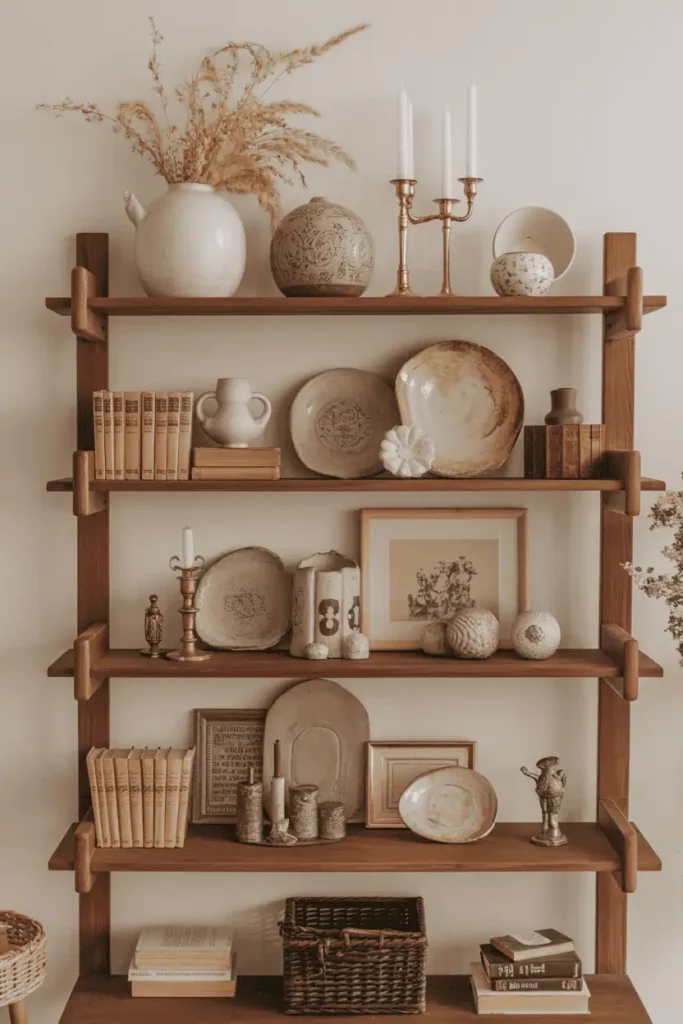 Boho shelf with vintage pottery, brass candlesticks, and personal collections