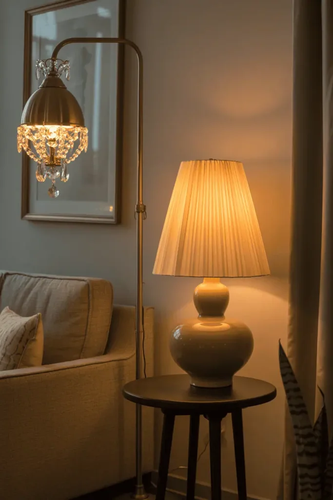Vintage living room lighting with chandelier, brass lamp, and ceramic table lamp.