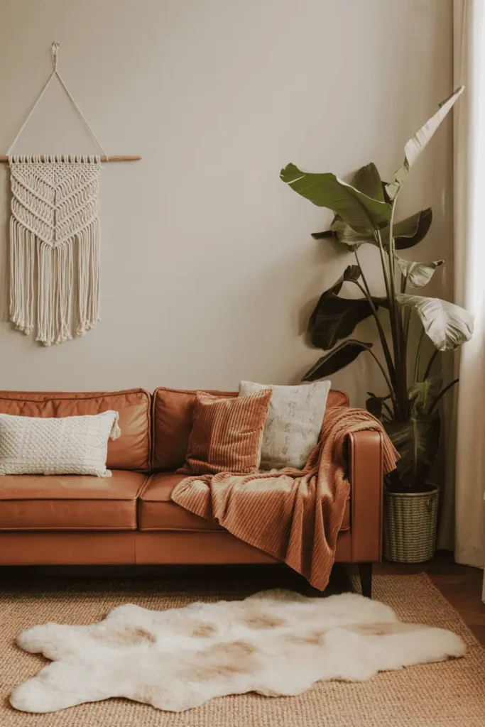 Velvet pillows, corduroy throw, and macramé wall art in a cozy textured living room.