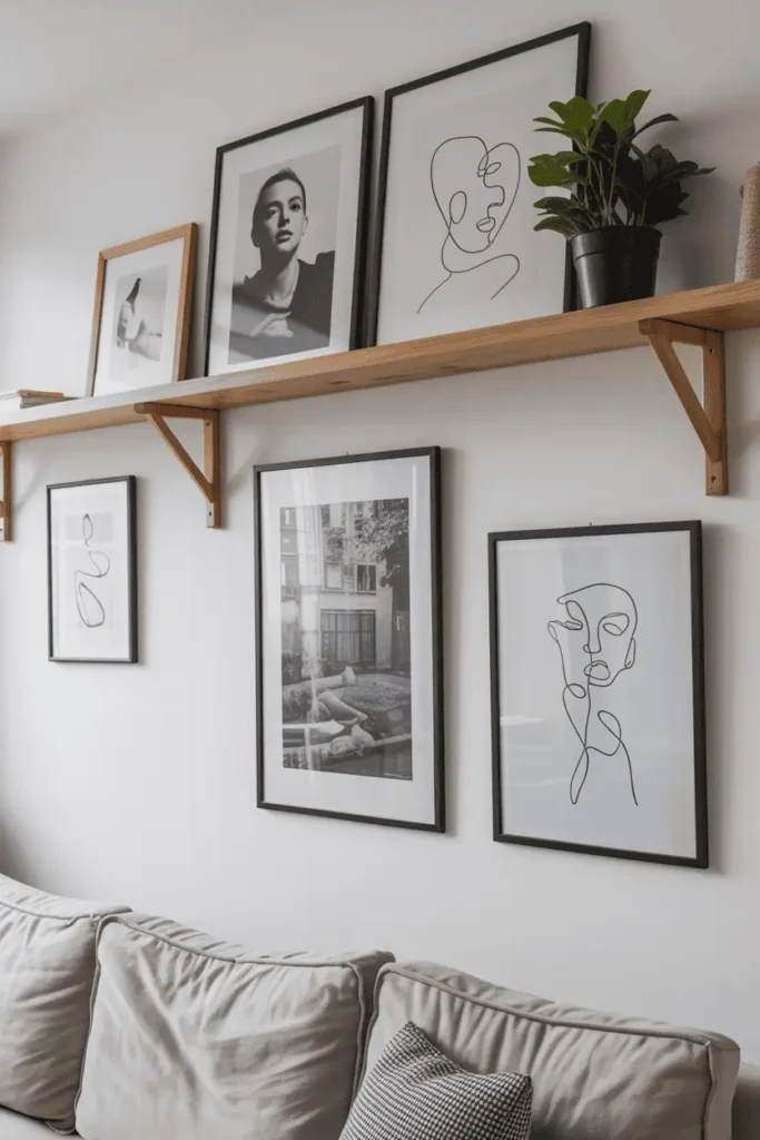 Nordic wall art gallery with black-and-white photos, minimalist line art, and floating shelves for Scandinavian simplicity.