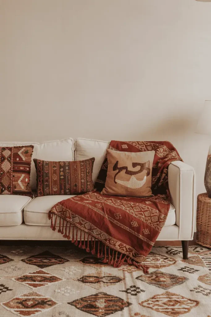 Boho sofa with kilim pillows and patterned textiles in earthy tones.