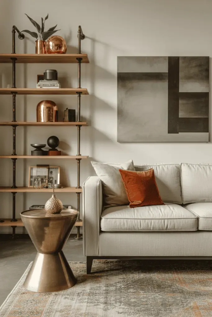 Industrial metallic textures with brass, iron, and copper finishes in a modern living room.