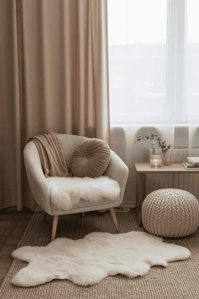 Scandinavian hygge corner with sheepskin rug, velvet pillow, and corduroy throw for warmth and comfort.