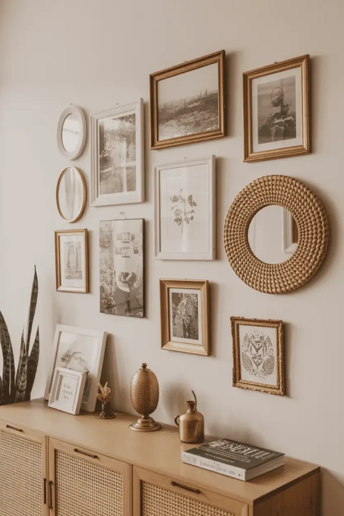 Boho gallery wall with travel photos, botanical prints, and woven mirrors