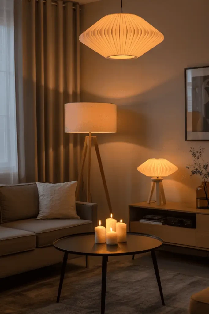 Nordic living room with layered lighting featuring pendant lamp, floor and table lamps, and candles for hygge ambiance.